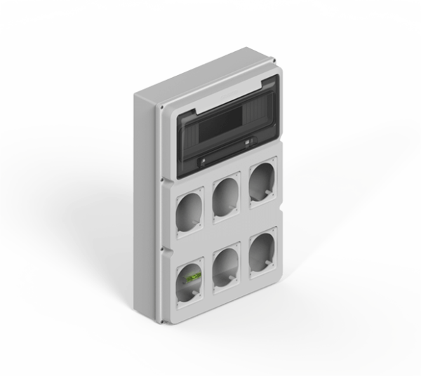 Caja IP65 P/12 polos DIN + 2 módulos P/6 tomas encapsuladas